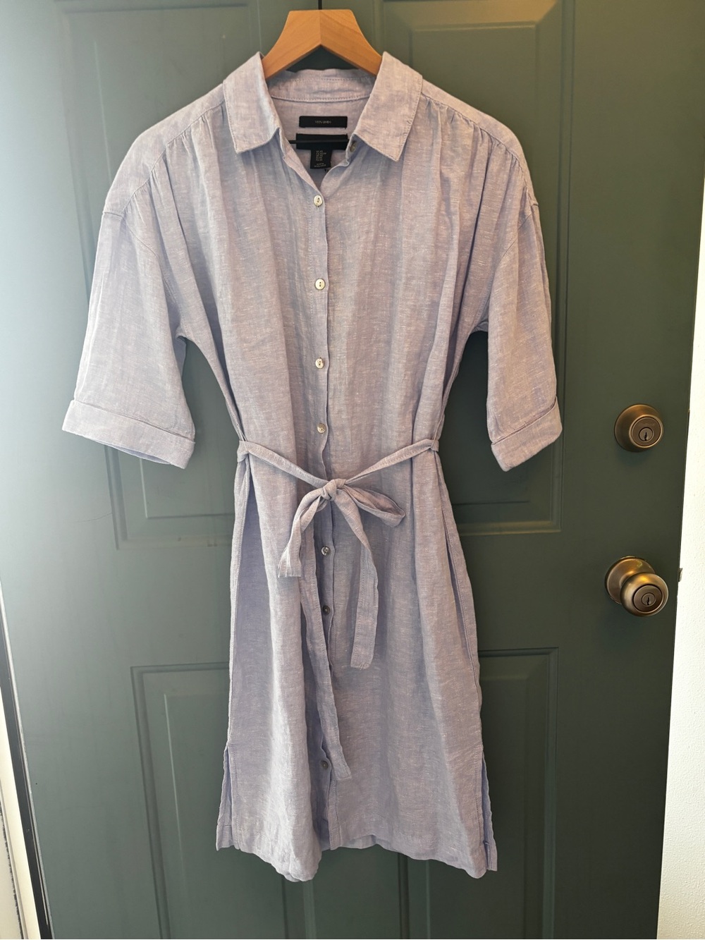 Light Blue Button-Front Shirt Dress with Tie Waist